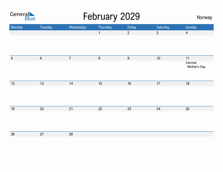 Fillable February 2029 Calendar