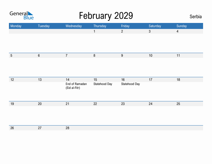 Fillable February 2029 Calendar