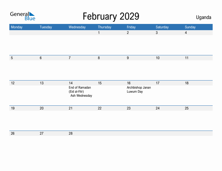 Fillable February 2029 Calendar