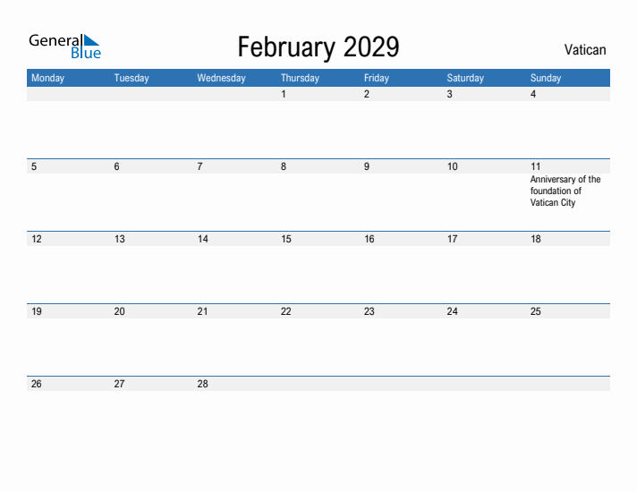 Fillable February 2029 Calendar