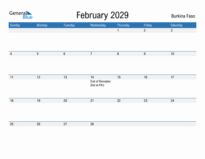 Fillable February 2029 Calendar