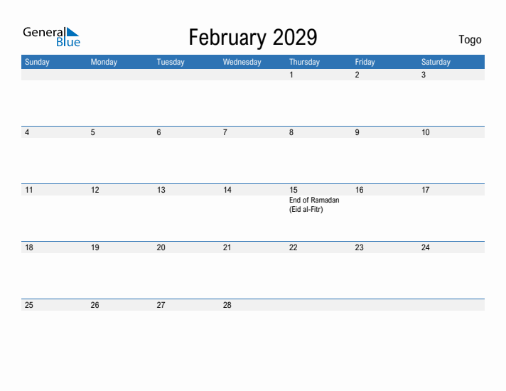 Fillable February 2029 Calendar