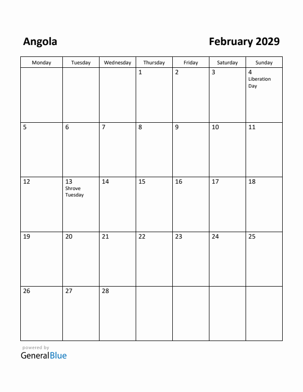 February 2029 Calendar with Angola Holidays