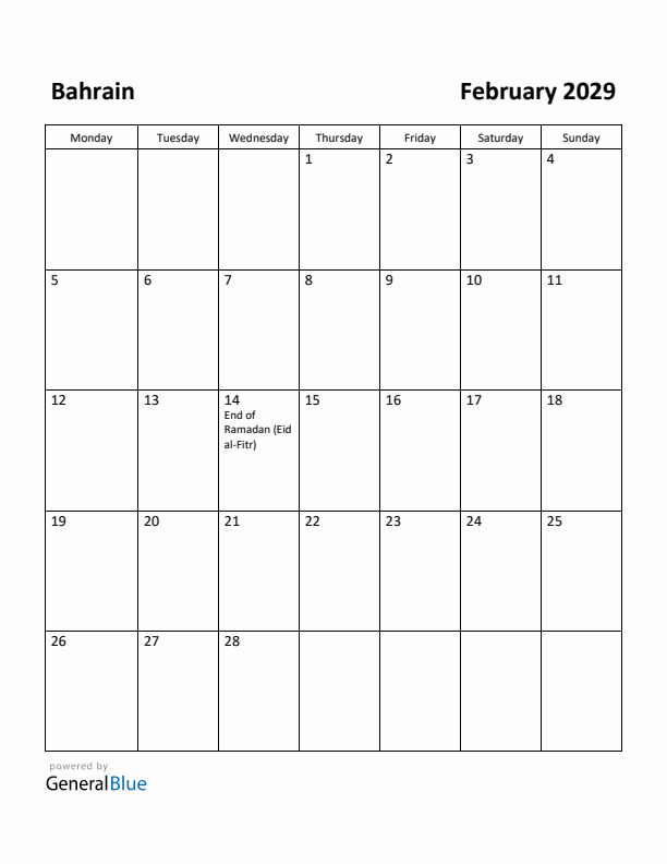 February 2029 Calendar with Bahrain Holidays