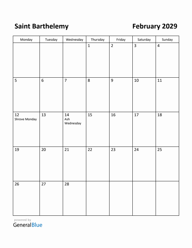 February 2029 Calendar with Saint Barthelemy Holidays