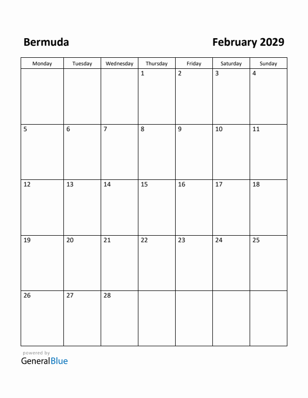 February 2029 Calendar with Bermuda Holidays