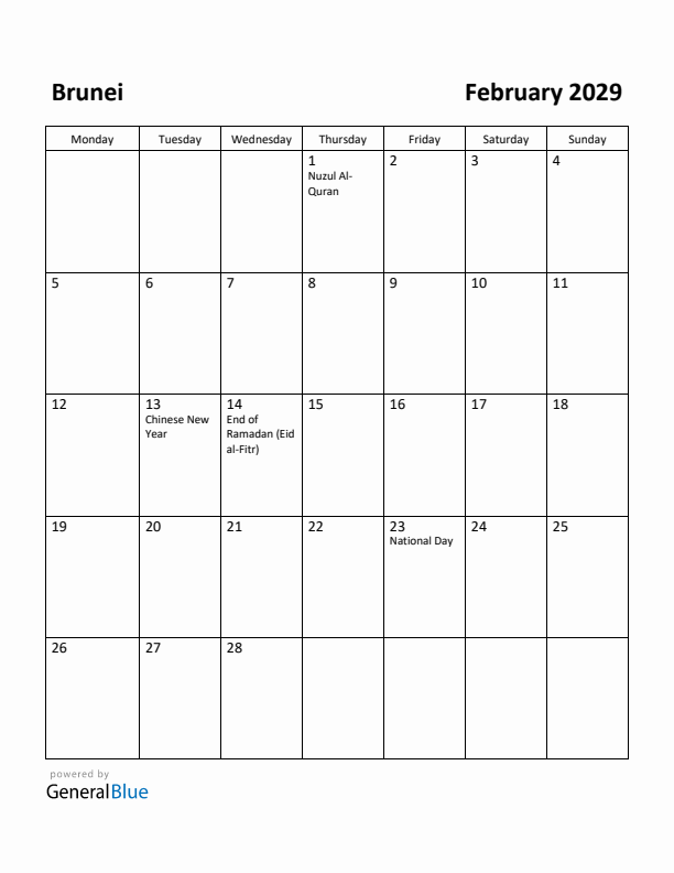 February 2029 Calendar with Brunei Holidays