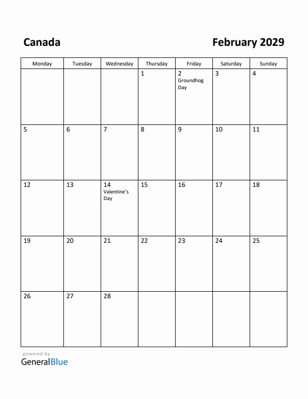 February 2029 Calendar with Canada Holidays