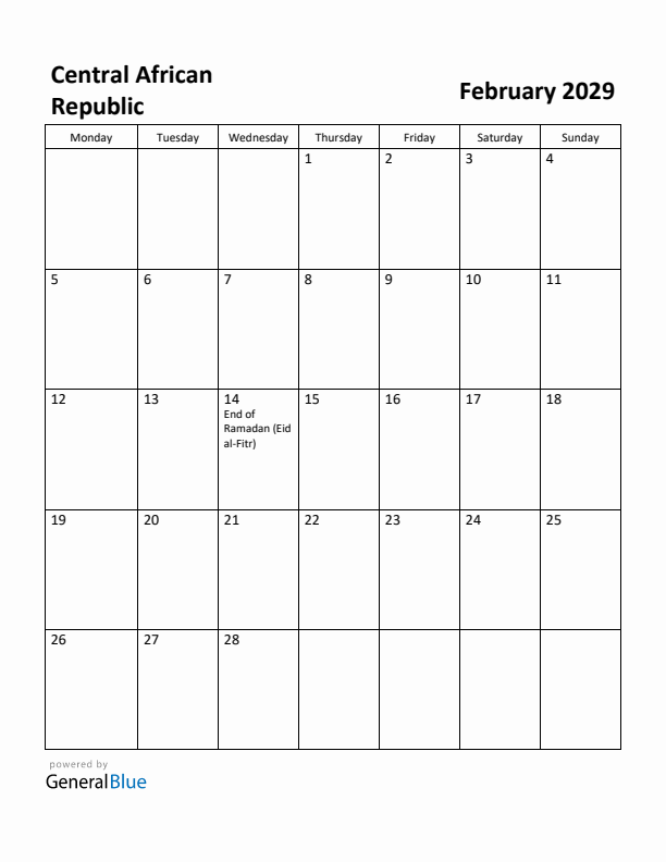 February 2029 Calendar with Central African Republic Holidays