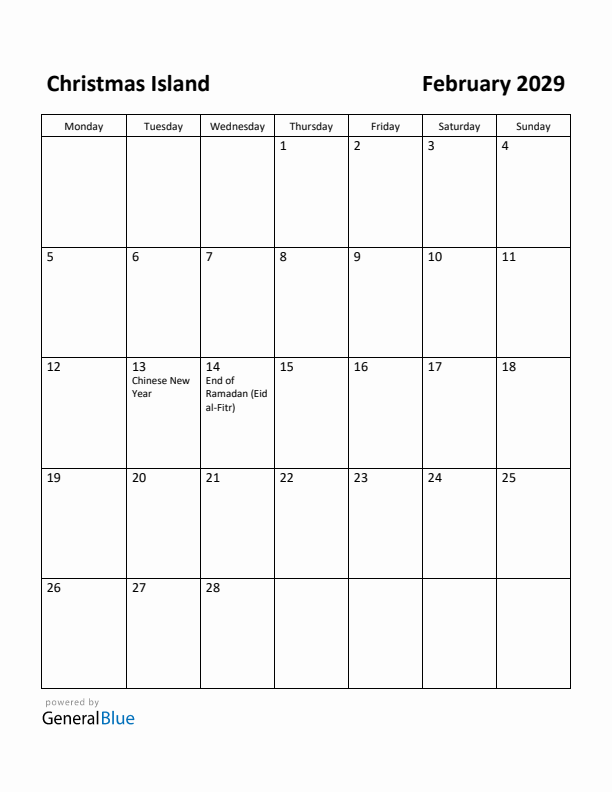 February 2029 Calendar with Christmas Island Holidays