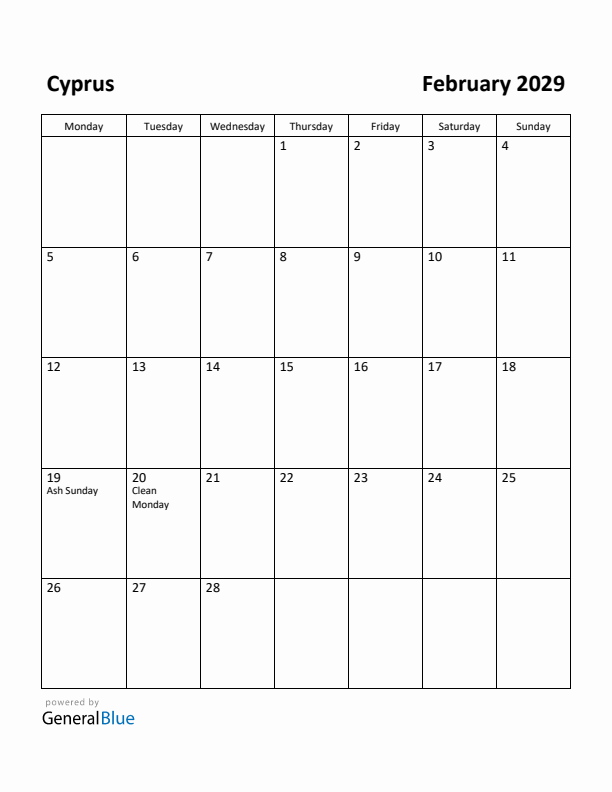 February 2029 Calendar with Cyprus Holidays