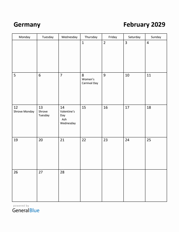 February 2029 Calendar with Germany Holidays