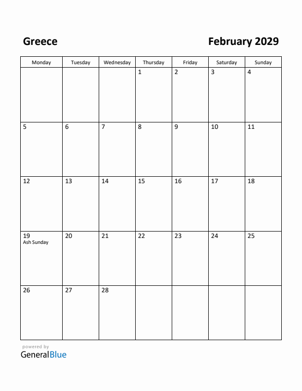 February 2029 Calendar with Greece Holidays