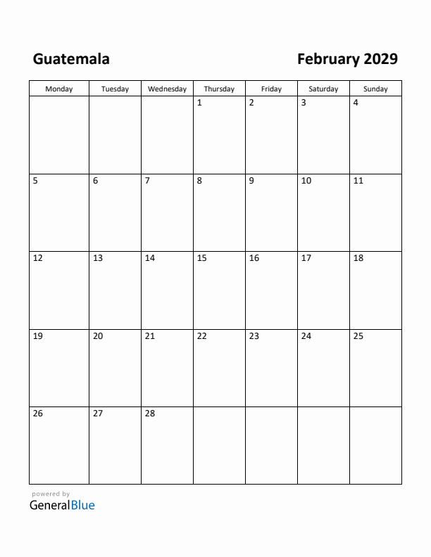 February 2029 Calendar with Guatemala Holidays