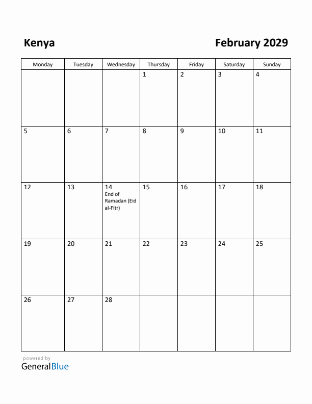 February 2029 Calendar with Kenya Holidays