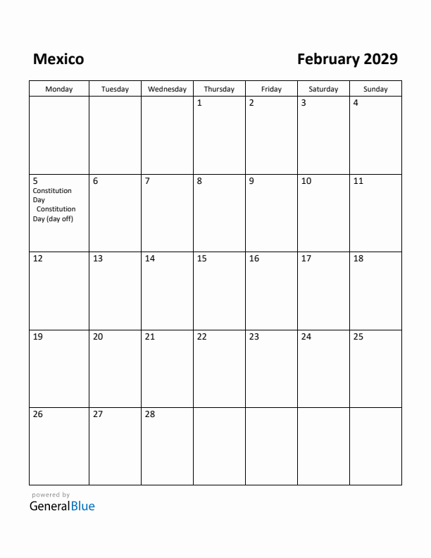 February 2029 Calendar with Mexico Holidays