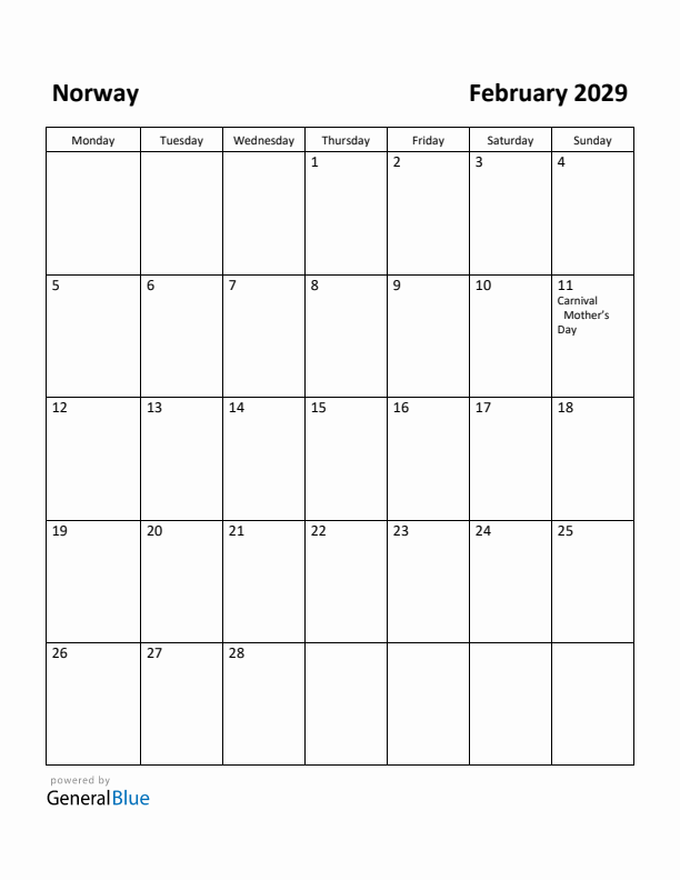 February 2029 Calendar with Norway Holidays