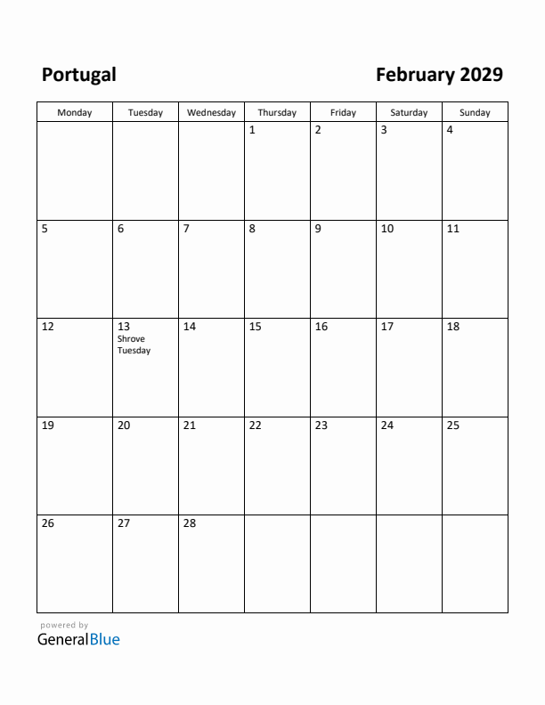 February 2029 Calendar with Portugal Holidays