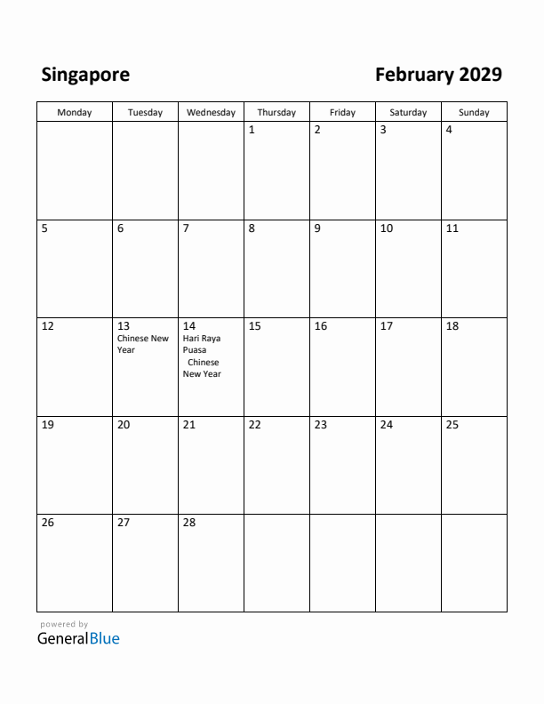 February 2029 Calendar with Singapore Holidays