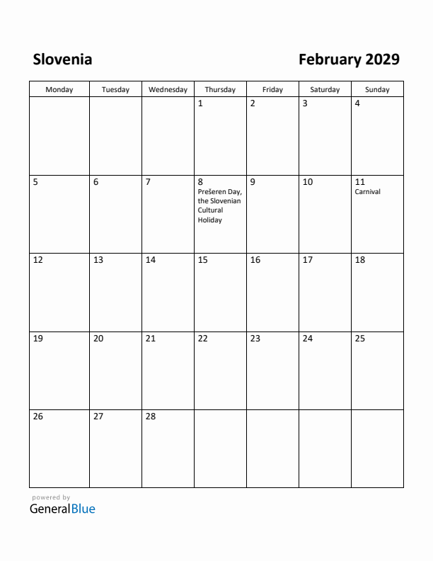 February 2029 Calendar with Slovenia Holidays