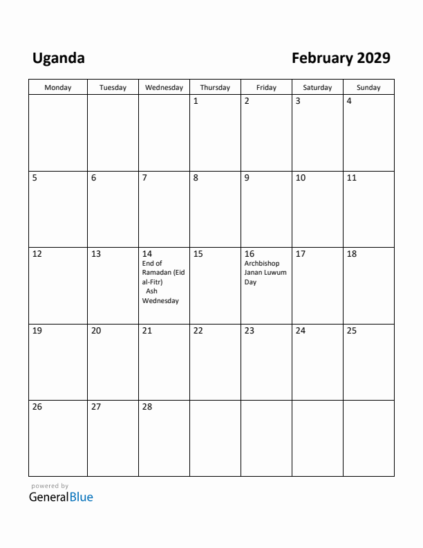 February 2029 Calendar with Uganda Holidays