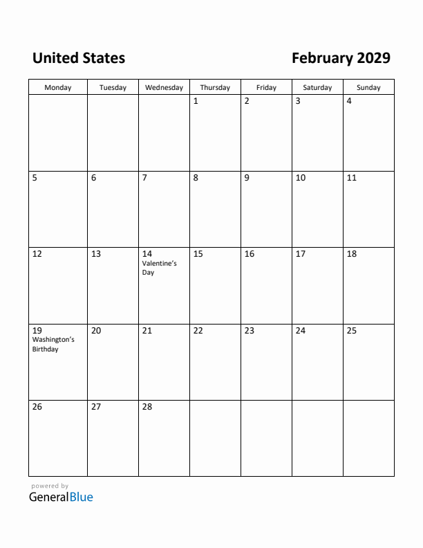 February 2029 Calendar with United States Holidays