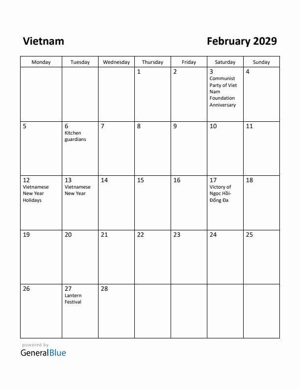 February 2029 Calendar with Vietnam Holidays