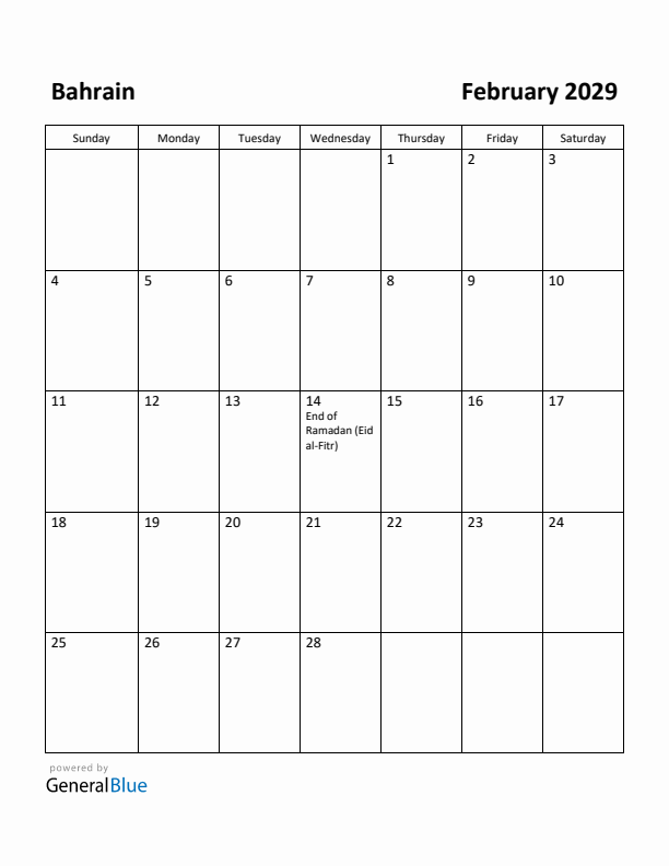 February 2029 Calendar with Bahrain Holidays