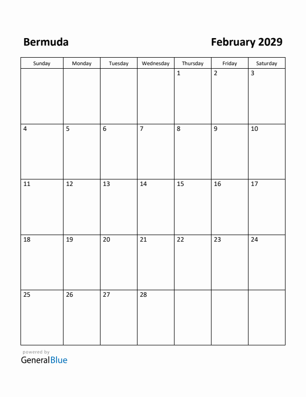 February 2029 Calendar with Bermuda Holidays