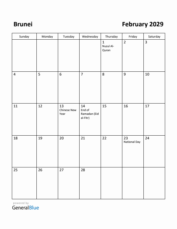 February 2029 Calendar with Brunei Holidays