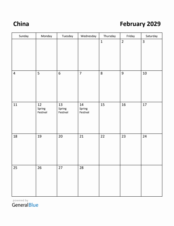 February 2029 Calendar with China Holidays