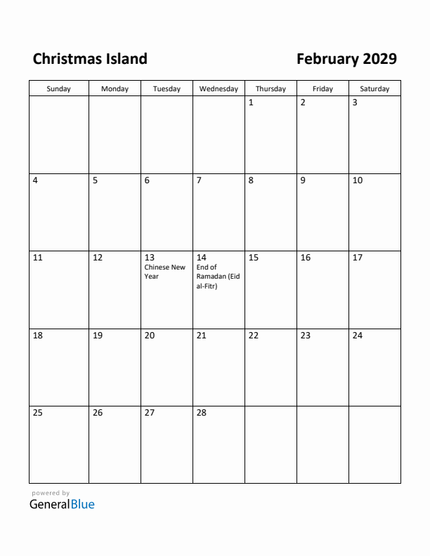 February 2029 Calendar with Christmas Island Holidays