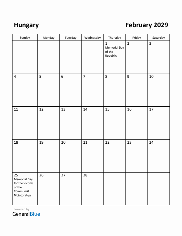 February 2029 Calendar with Hungary Holidays