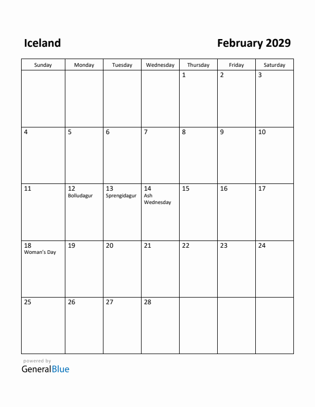 February 2029 Calendar with Iceland Holidays