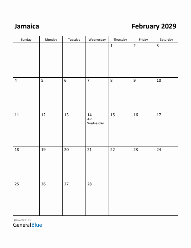 February 2029 Calendar with Jamaica Holidays