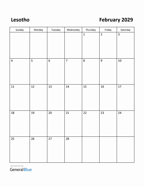 February 2029 Calendar with Lesotho Holidays