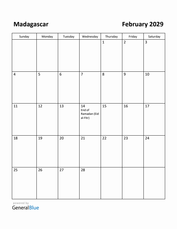 February 2029 Calendar with Madagascar Holidays