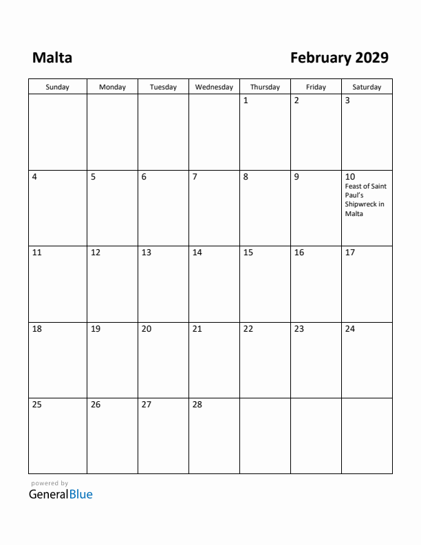 February 2029 Calendar with Malta Holidays