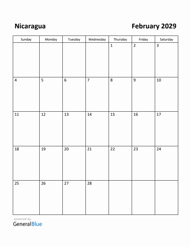 February 2029 Calendar with Nicaragua Holidays