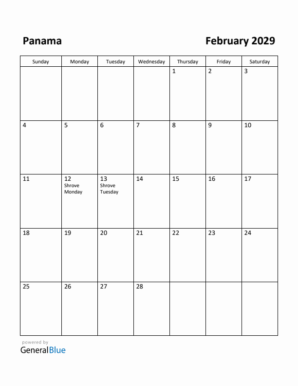 February 2029 Calendar with Panama Holidays