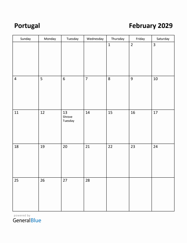 February 2029 Calendar with Portugal Holidays