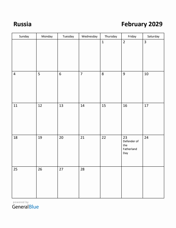 February 2029 Calendar with Russia Holidays