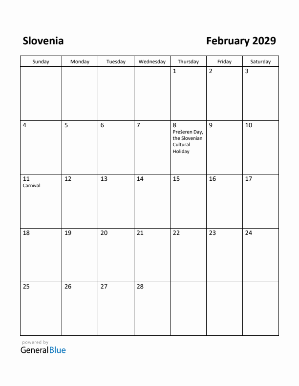 February 2029 Calendar with Slovenia Holidays