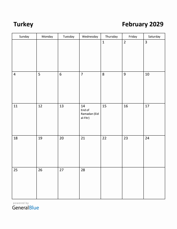 February 2029 Calendar with Turkey Holidays