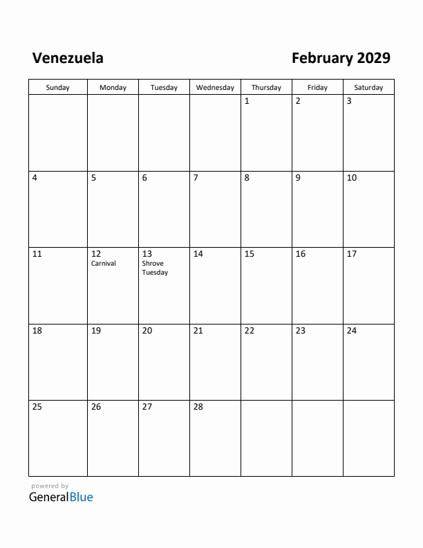 February 2029 Calendar with Venezuela Holidays