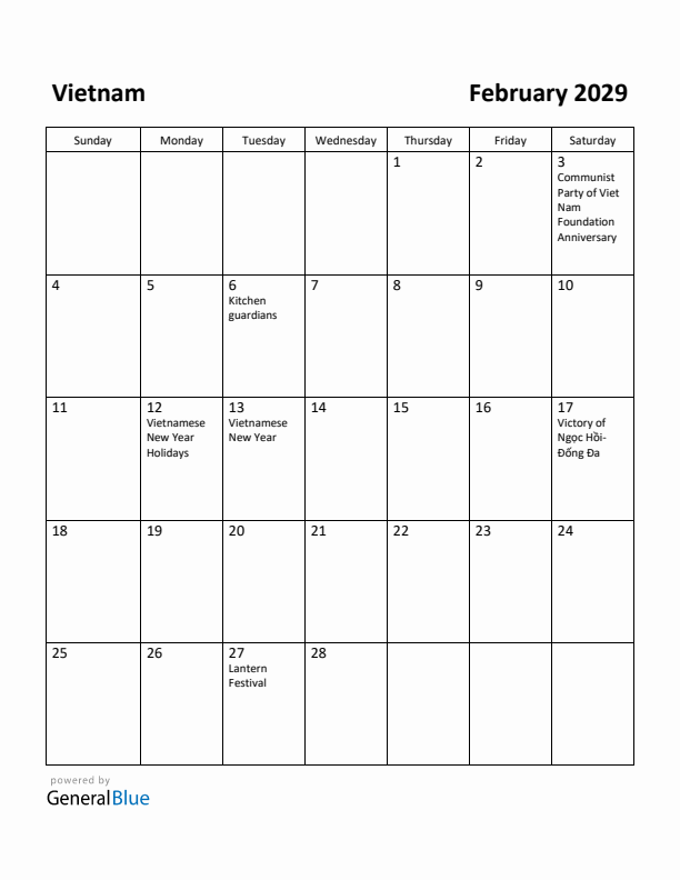 February 2029 Calendar with Vietnam Holidays