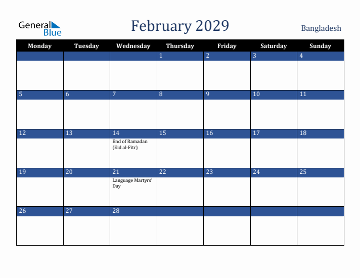 February 2029 Bangladesh Calendar (Monday Start)