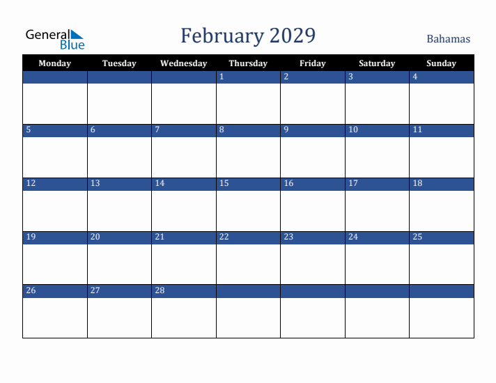 February 2029 Bahamas Calendar (Monday Start)