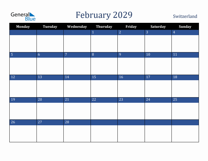 February 2029 Switzerland Calendar (Monday Start)