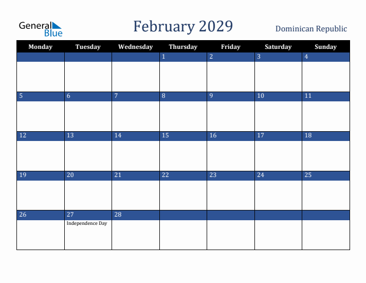 February 2029 Dominican Republic Calendar (Monday Start)